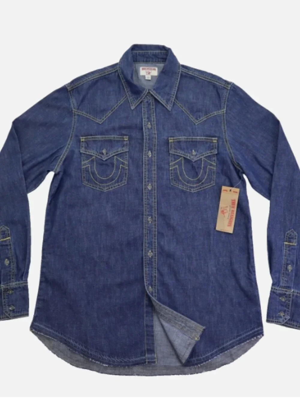 True Religion Denim Western Released Hem Long Sleeve Men's Shirt L Cotton Blue